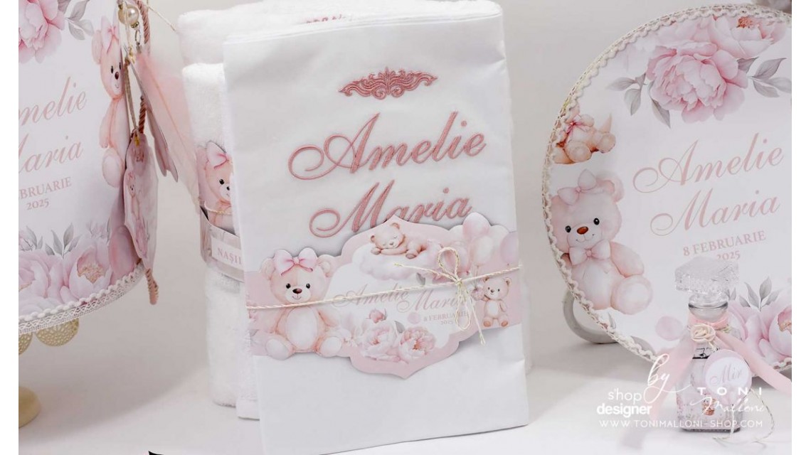Trusou botez cu ursuleti si hortensii Teddy Bear Pink 15